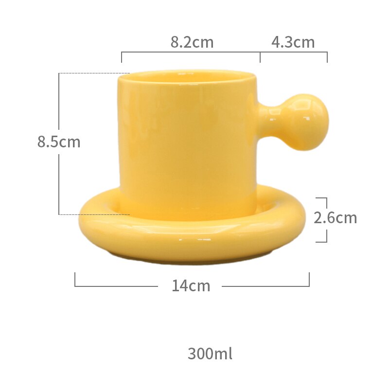 Taza con mango de bola redonda de 300ml, juego de platos, Taza de cerámica personalizada para café, té, platillo, cocina, oficina, decoración del hogar: YELLOW