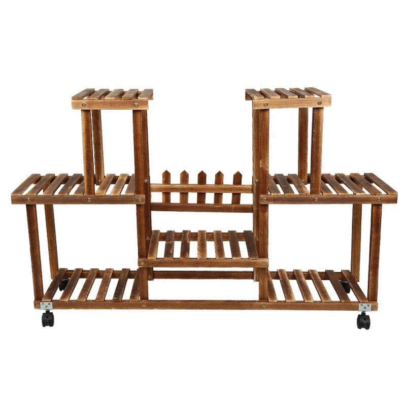 Soporte de plantas y flores de varios niveles, estante de madera, estante de exhibición de bonsái de jardín con cuatro ruedas universales, HWC: Default Title