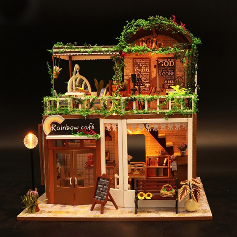 DIY drewniany domek dla lalek miniatury ogród robić domku dla lalek kawiarnia dom dla lalek z meblami i akcesoriami zabawki prezenty dla dzieci