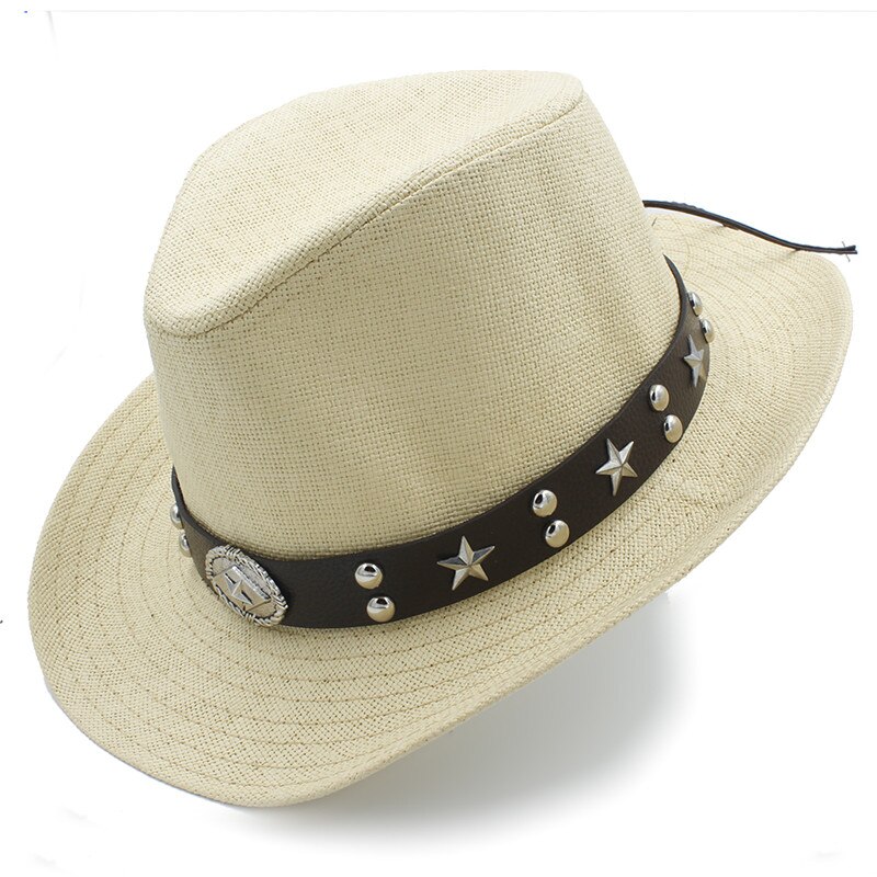 Naiset miehet olki western cowboy hattu kesäksi cowboy cowgirl aurinkohattu sombrero caps punk vyö hyvä pakkauskoko 58cm: Oljen keltainen