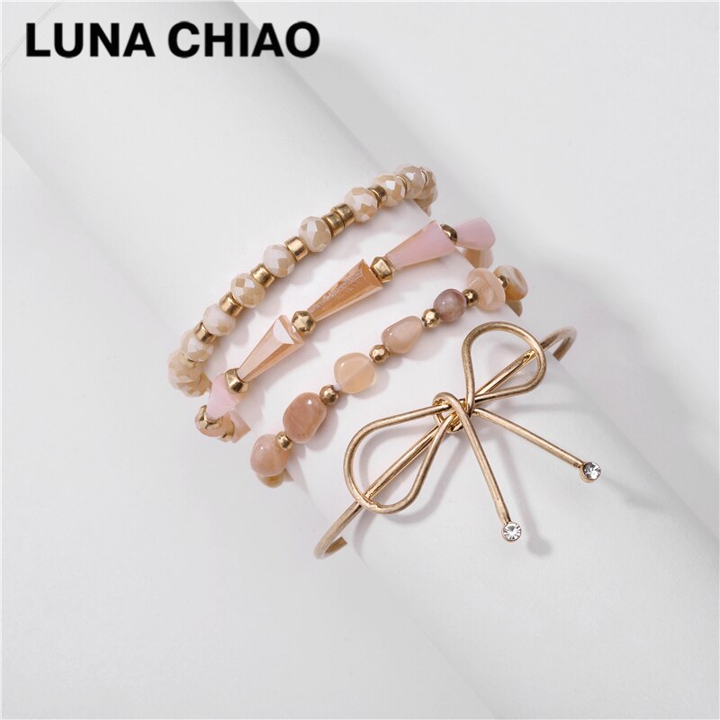 Luna chiao sieraden stapelbare gelaagde armband met natuursteen, set met meerdere lagen armbanden voor vrouwen: Roze