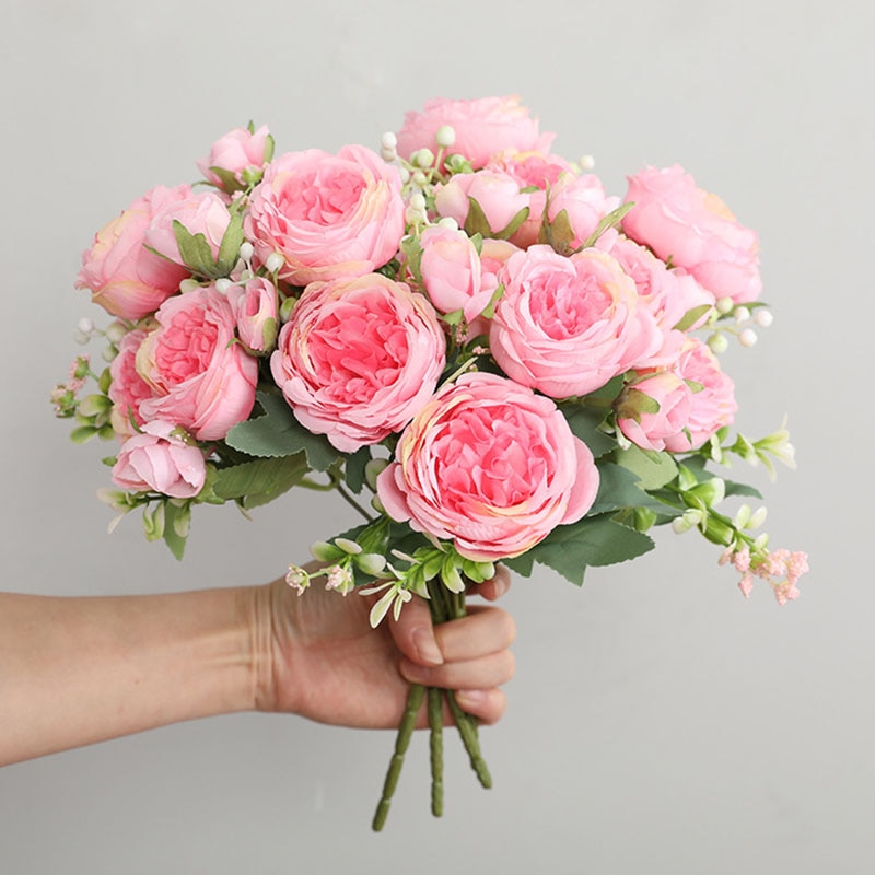 5 cabezas grandes rosas ramo de flores falsas para la decoración del hogar Decoración de la boda Rosa Blanca peonía flores artificiales