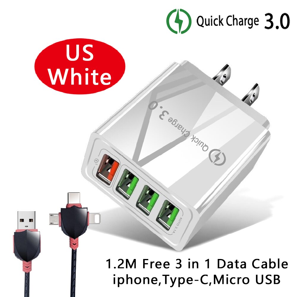 CONTROLLO di QUALITÀ 3.0 6.2A di Alta Qualità Del Telefono del Caricatore UE/USA Spina Veloce Caricabatterie Da Parete Cavi 4 Porte USB Veloce per iphone X Samsung Huawei Xiaomi: US  3in1 Cable White