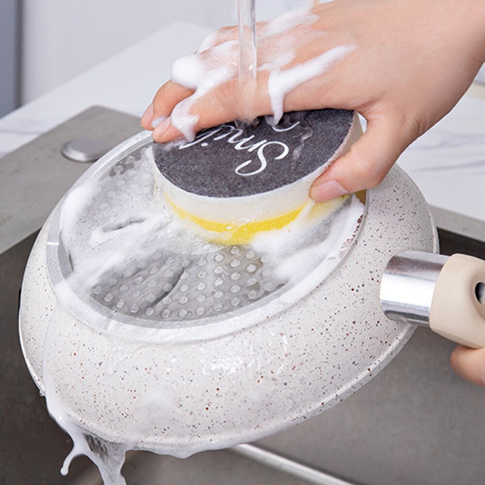 4pcs Cartoon Smiley Face Thick Sponge Strong Decontamination Dish Washing Cloth Kitchen Cleaner Sponges Scouring Pads