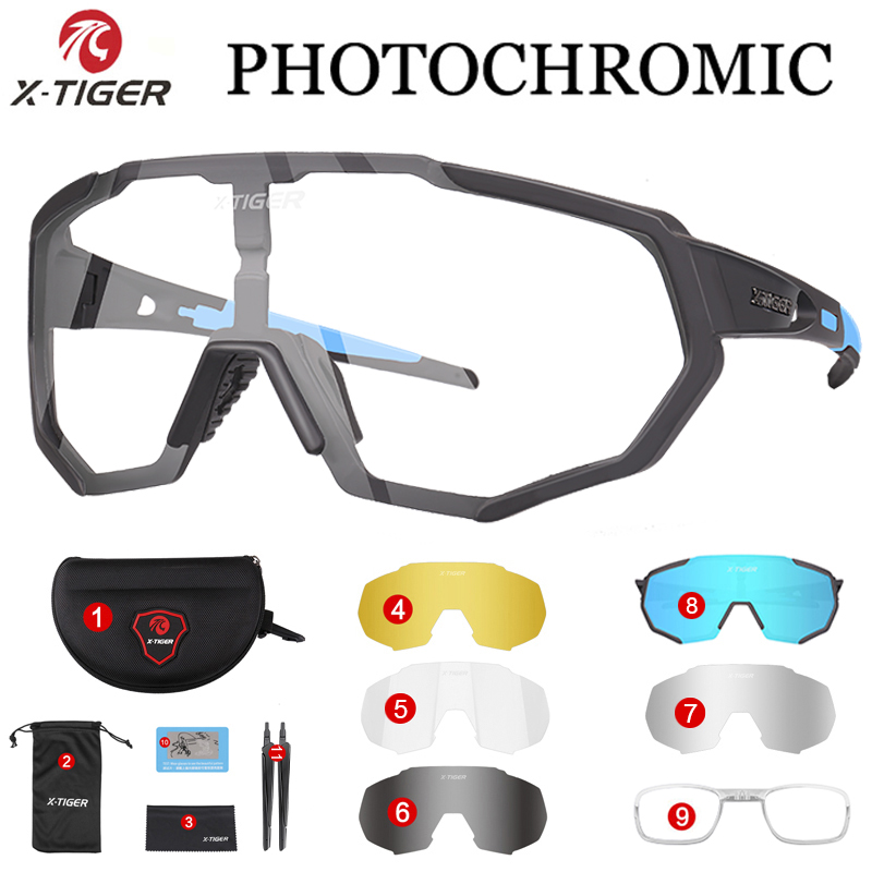 X-TIGER Photochromic Cycling Eyewear Myopia Frame UV400 Men Road Bike Glasses Summer MTB Bicycle Polarized Cycling Sunglasses: SKY BLUE