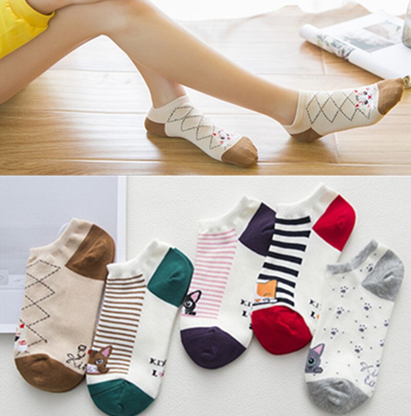 Calcetines tobilleros con de gato para Mujer, medias cortas con dibujos de animales, coreana, Kawaii, informal, 5 pares: Turquesa