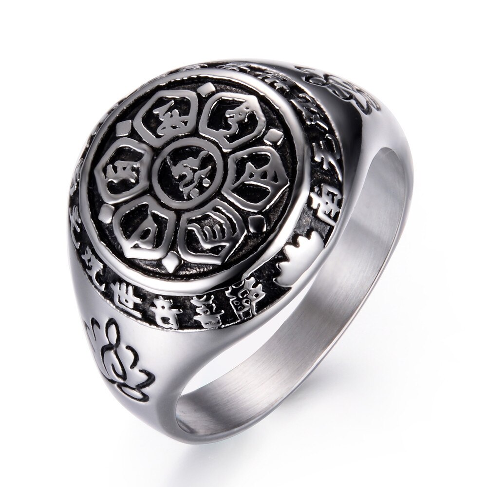 Shenghuo Rvs Zes Karakter Ware Woorden Lotus Sanskriet Guanyin Mantra Voor Mannen En Vrouwen Ring: 12 / Silver