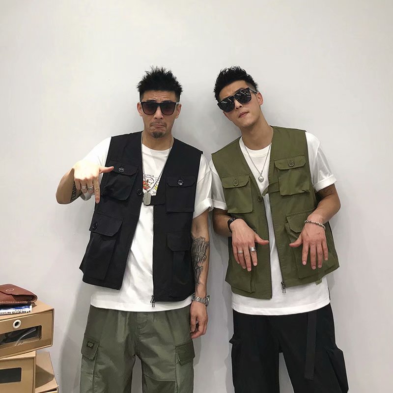 Originalt amerikansk værktøj afslappet herre ensfarvet vest urban funktionel vind retro vild enkel cardigan vest trend