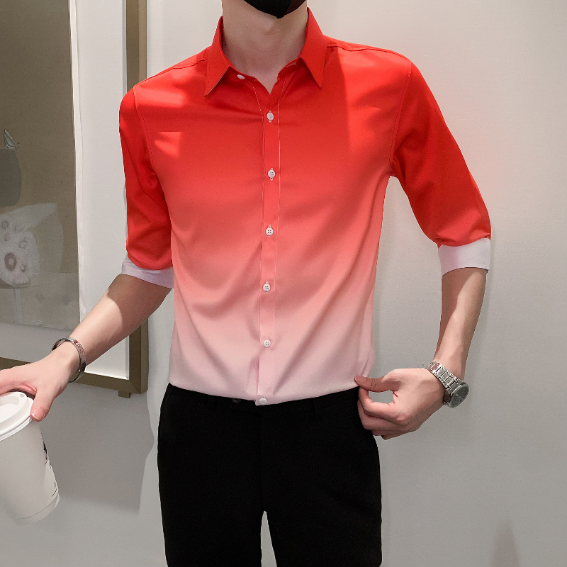 Camisa de Color degradado para hombre, ropa informal ajustada, esmoquin para baile de graduación, Media manga, 4xl-M