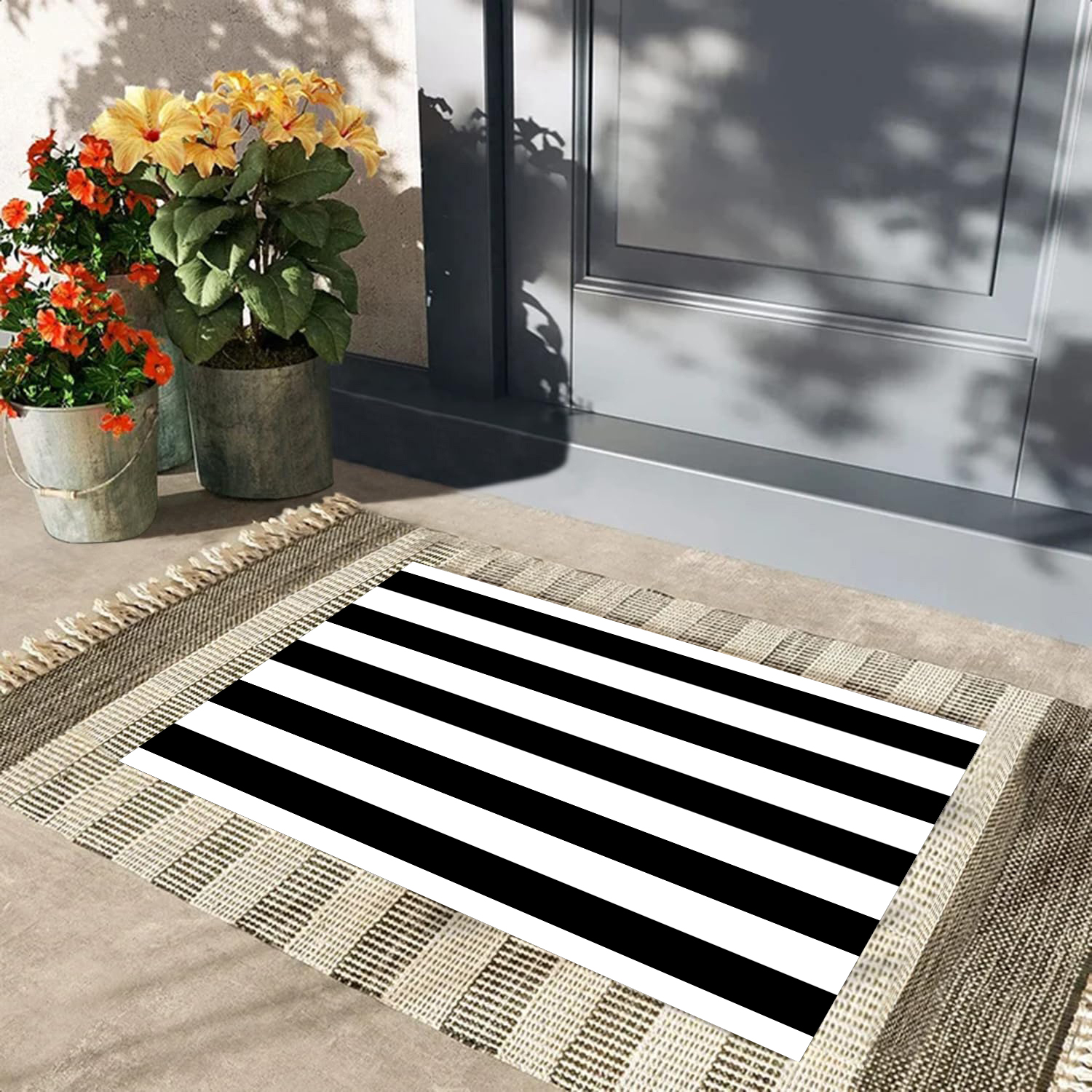 Schwarz-weißer Teppich mit Gummiboden, gestreifter Haustürteppich, draussen-Fußmatten, Innenbodenmatte für Küche, Eingangsbereich, Terrasse