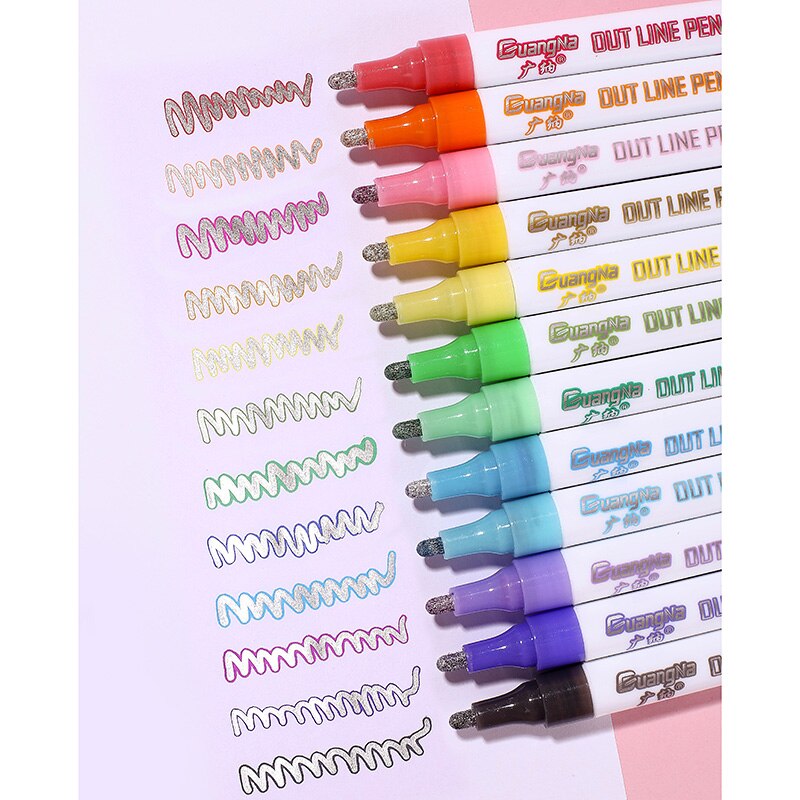 12 pièces/ensemble stylo Double ligne couleur métallique contour magique marqueur stylo Album de bricolage stylos de marquage pour la peinture fournitures scolaires de bureau