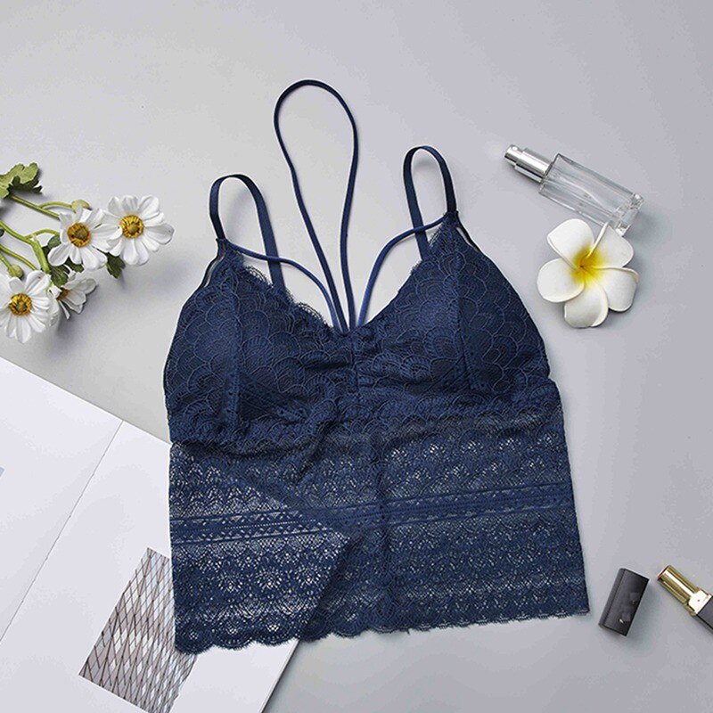 Women Lace Strap Wrapped Chest Shirt Top Summer Crop Top Ladies Camisole Bralett: Blue
