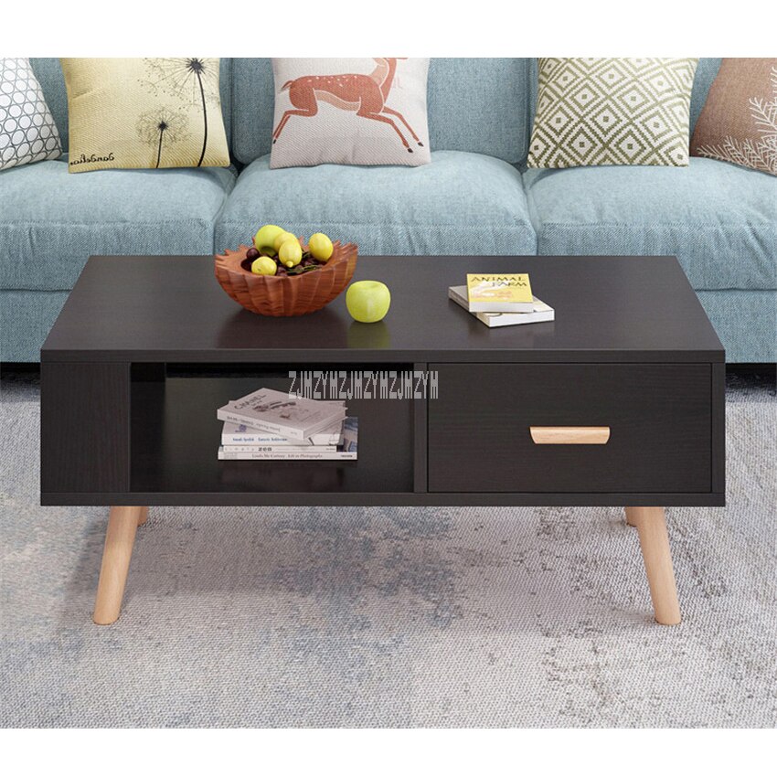 BO-003 Minimalist Modernity Living Room Tea Table Rectangular Side Table 1-Drawer Modern Teapoy Solid Wooden Leg Coffee Table