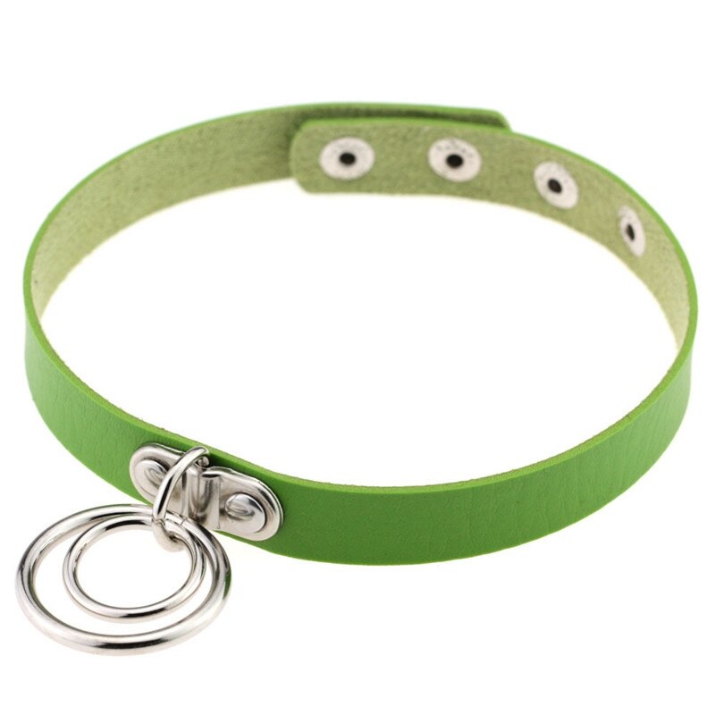 Popular Choker Collar Necklace Double Ring O Leather Gothic Bracelet Women: Green