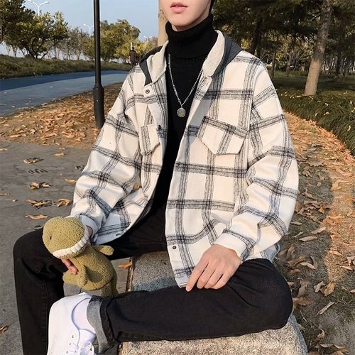 Rutiga jackor män vinter tjock bas lös koreansk retro streetwear ytterkläder sömnad hatt herr lapptäcke enkel daglig jacka: Vit / S