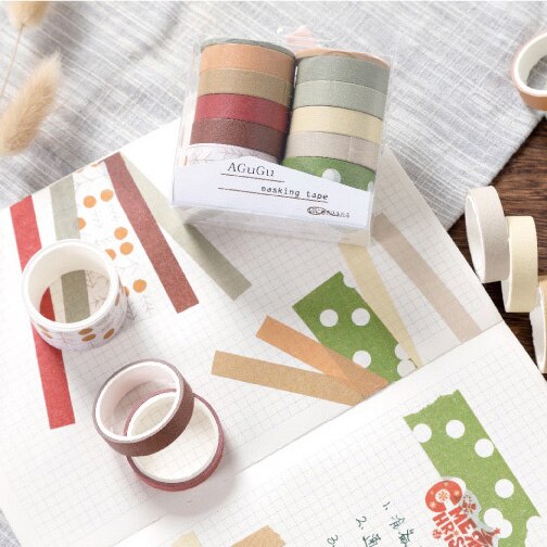 10 Rolls Retro Pure Color Masking Tape Sticker Forest Color Collage Junk Journal Material Deco Washi Tape Set DIY Scrapbooking