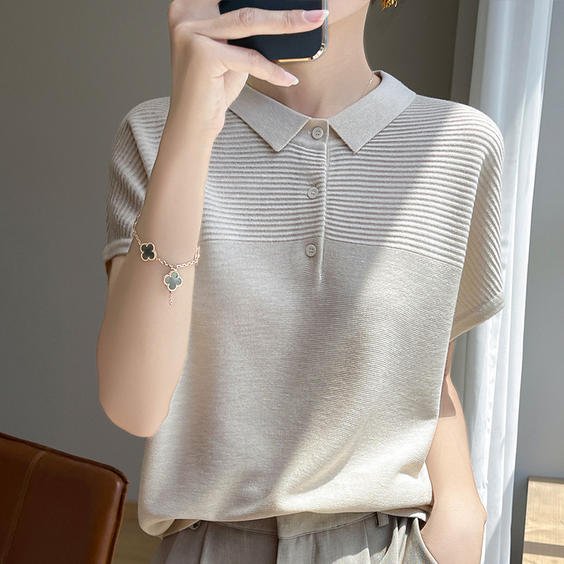 Dames T-Shirt Zomer Kammen Gebreide T-Shirts Casual Effen Trui Polokraag Blouse Met Korte Mouwen Dames Kleding Losse Tops: M / Beige