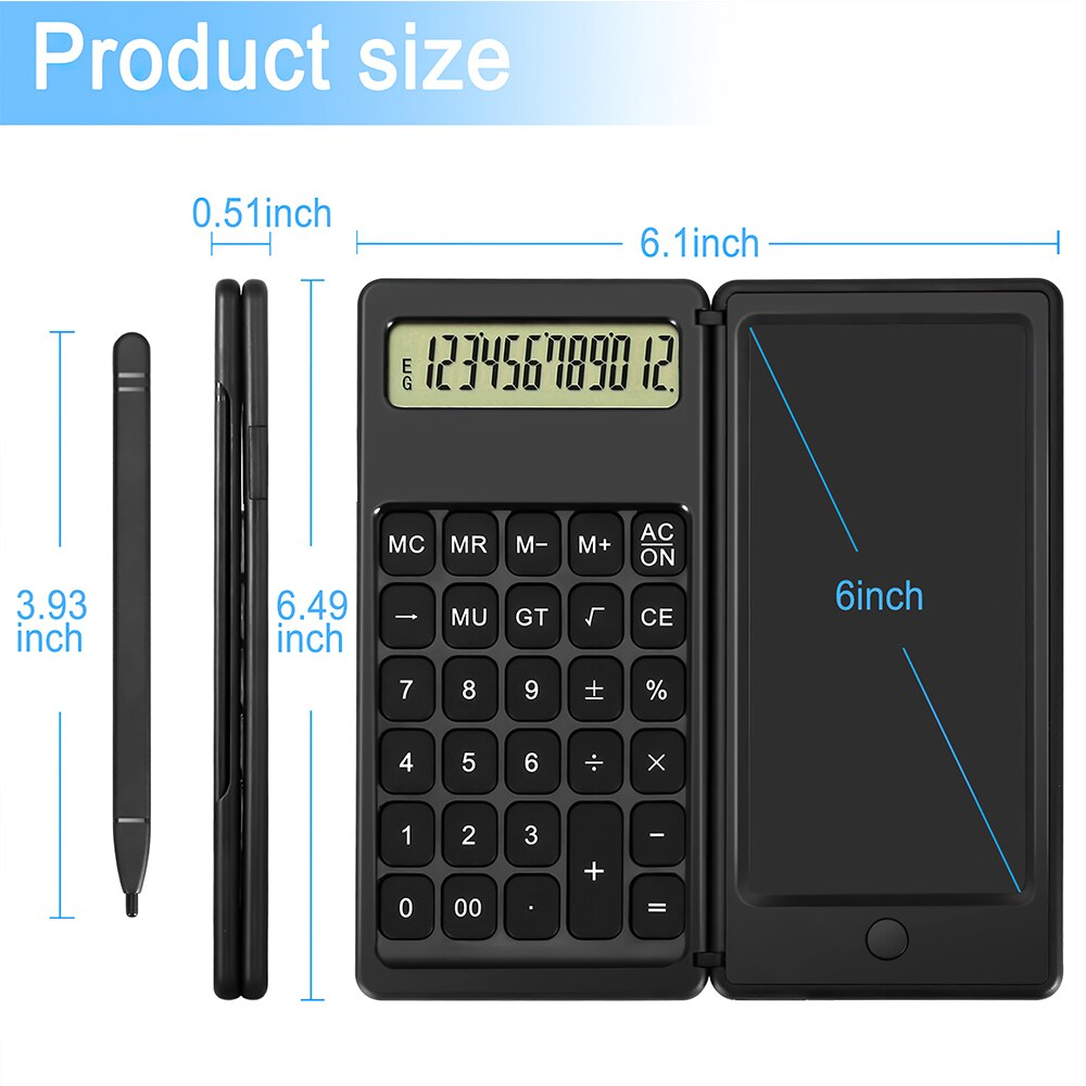 Spash faltbarer taschenrechner, tragbarer 12- stelliger taschenrechner mit 6- zoll-lcd-schreibtablett, zeichenfläche, stift und radierfunktion