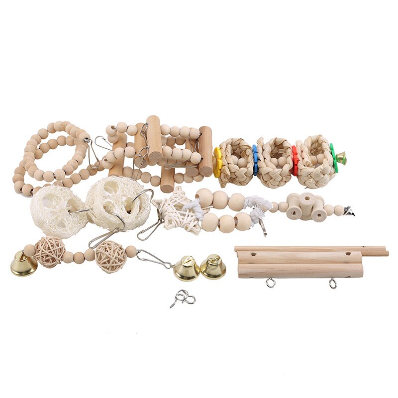 Juguetes colgantes para loros y aves, jaula de madera Natural para loros, periquitos, cacatúas, pinzones, 8 paquetes: Default Title