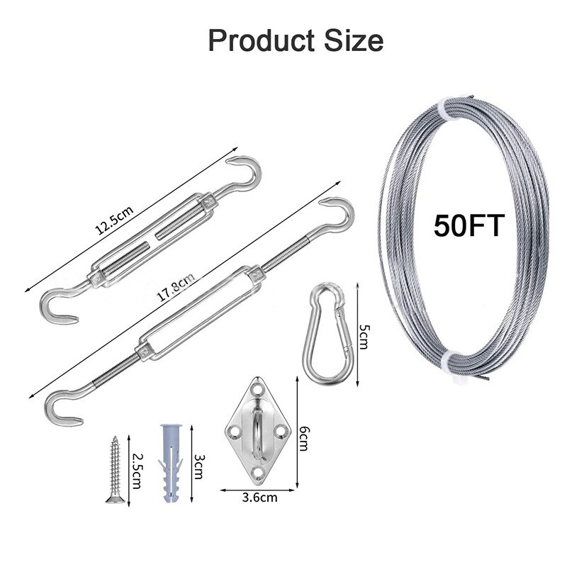 50Pcs 11 Set 5M 5mm Stainless Steel Clothesline Wire Rope Kit Square Four-corner Buckle Turnbuckle Screws