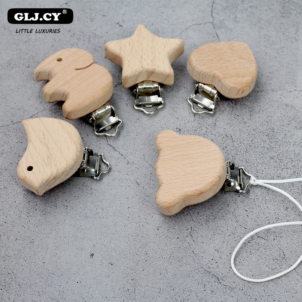 10Pcs Beukenhout Fopspeen Clip Dier Kleine Olifant Vogel Hartvormige Sterren Baby Diy Essentiële Tepel Ketting Accessoires