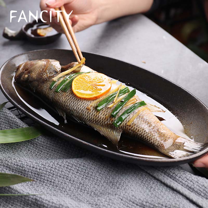 FANCITY personality ceramic tableware oval fish plate steamed fish plate braised fish plate cooking plate large househo
