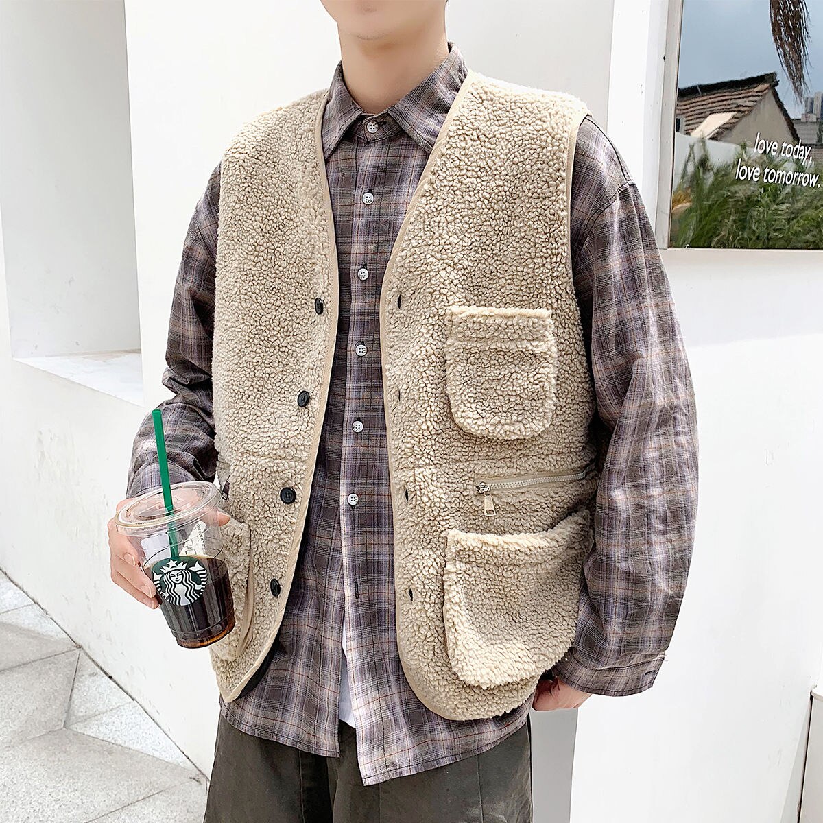 Winter Lam Haar Vest Mannen Warme Mode Effen Kleur Multi-Pocket Tooling Vest Mannen Street Wear Losse Koreaanse dikker Vest Heren: Khaki / S