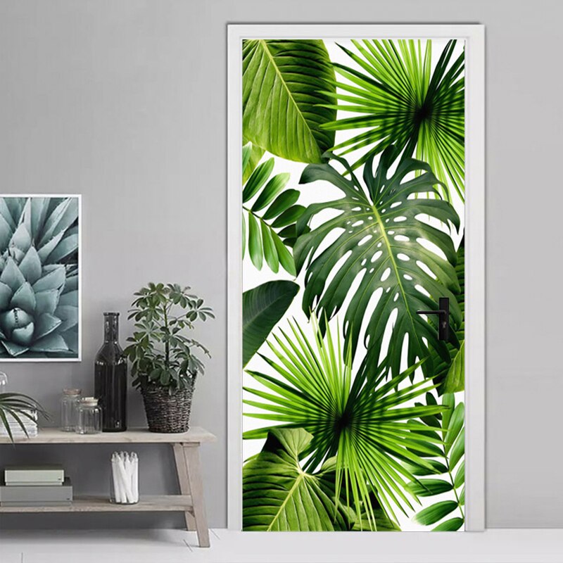 Door Sticker Tools Door Wallpaper Door Decoration Modern Green Leaf Living Room Bedroom PVC Self-Adhesive Waterproof Mural 3D