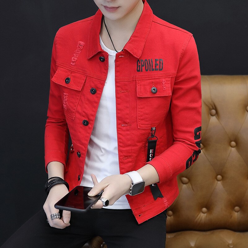 Veste d'automne pour homme, vêtement de rue bleu clair, en Denim, avec impression de l'alphabet, poches en Patchwork, en coton, manteaux décontractés: Red / XL