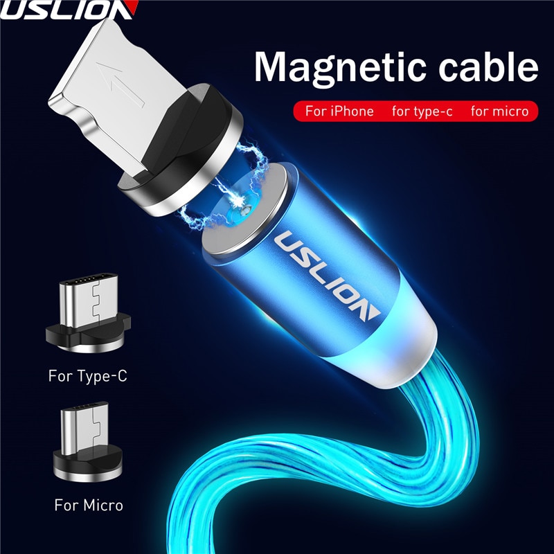 USLION Magnetische LED Licht Kabel Snel Opladen Magneet Micro USB Type C Kabel LED Wire Cord Type-C Lader voor Iphone Samsung S10