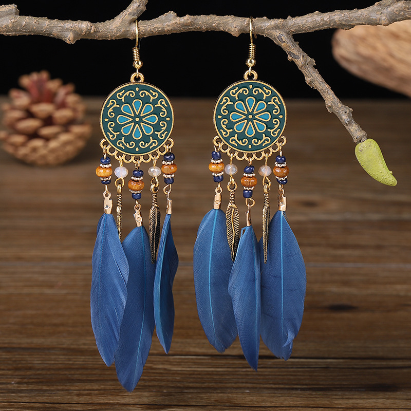 Pendientes bohemios largos de plumas colgantes para Mujer, Pendientes largos de playa con borlas, Pendientes esmaltados de flores hechos a mano, Pendientes de boda para novia para Mujer