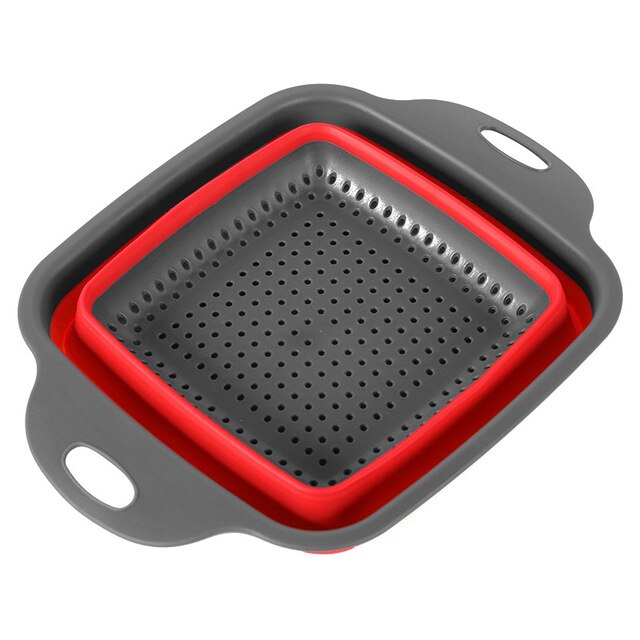 Mosodo Folding Drain Basket Multi-Function Washing Basket Retractable Fruit Basket Kitchen Storage Basket: square-red / L