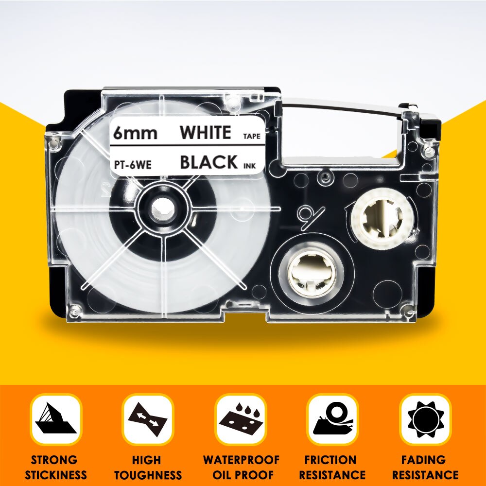 Compatible for Casio XR-6WE Cassette Labeling Tape Black on White 6mm*8m Replace Casio KL-60 KL-120 KL-HD1 KL-P350W Label Maker