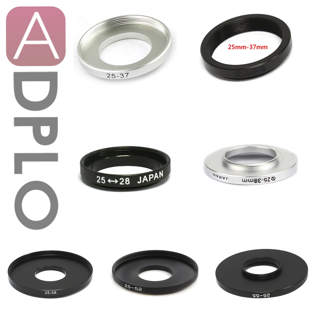 25mm-28mm (zwart)/25mm-37mm (zwart, zilver)/25mm-38mm (zilver)/25mm-52mm/25mm-55mm/25mm-58mm Step-up Metalen Filter Adapter Ring