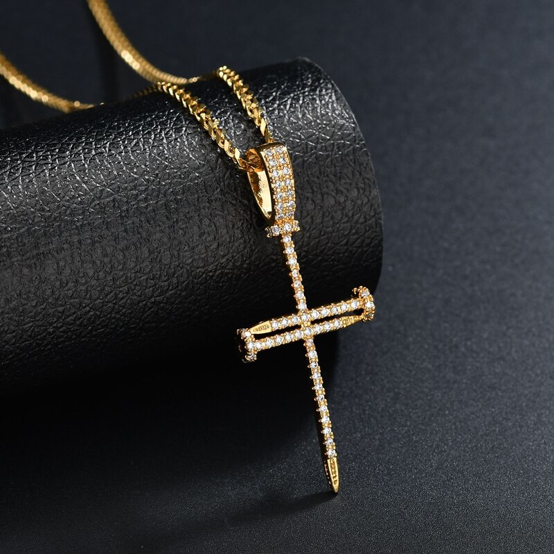 Cross Pendant Hip Hop Nail Cross Pendant Necklace CZ Stones Stainless Steel Chain Necklaces For Men Women