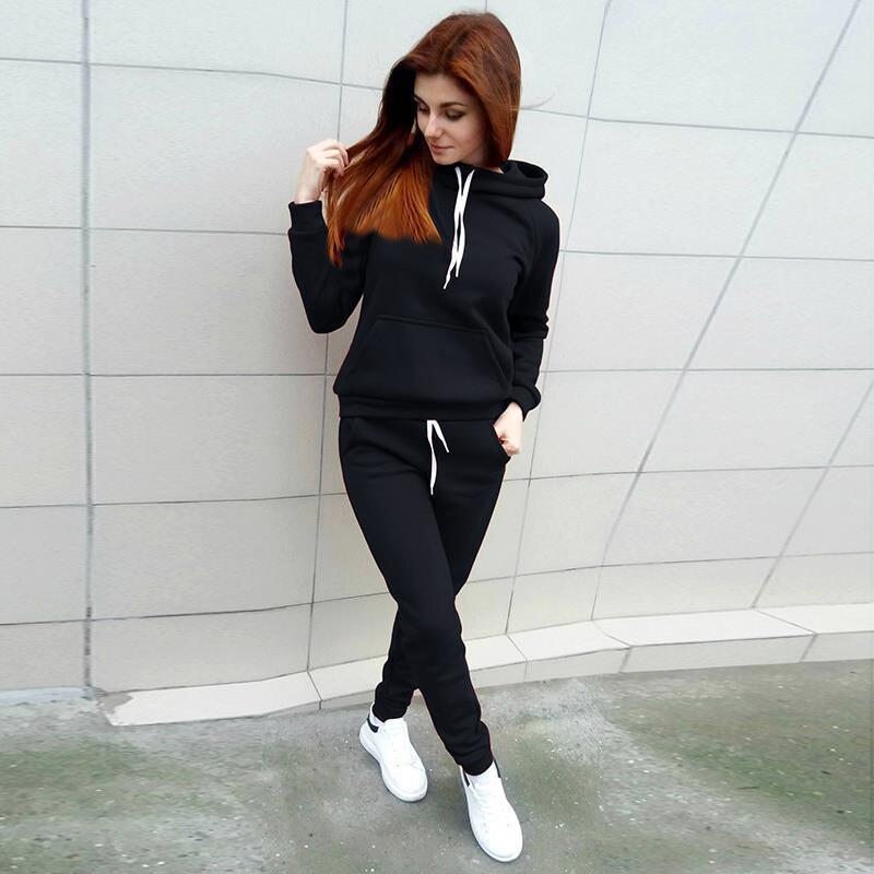 Frauen Sportbekleidung Herbst Trainingsanzug Hoodies Hosen Trainingsanzug Sweatshirt Schweiß Anzug Fitnessstudio Fitness Plus Größe Joggen einstellen: Schwarz / S