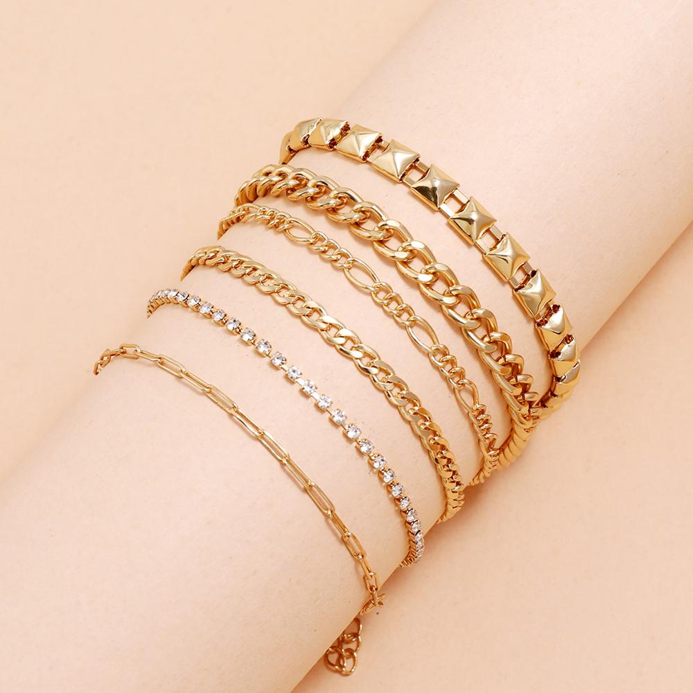 Geometric Simple Gold 6Pcs Couple Bracelet Set for Women Charm Easy Hook Full Crystal Exaggerated Female Hollow Wrist Jewelry