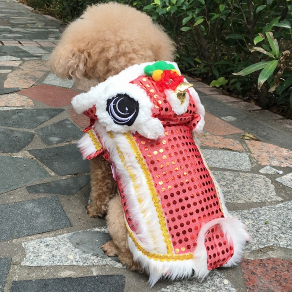 Hond Doek Jaar Funny Pet Chinese Kostuum Draak Dans Leeuw Hond Kat Jas Leeuw Dans Rode Feestelijke Geluk kleding Voor Teddy