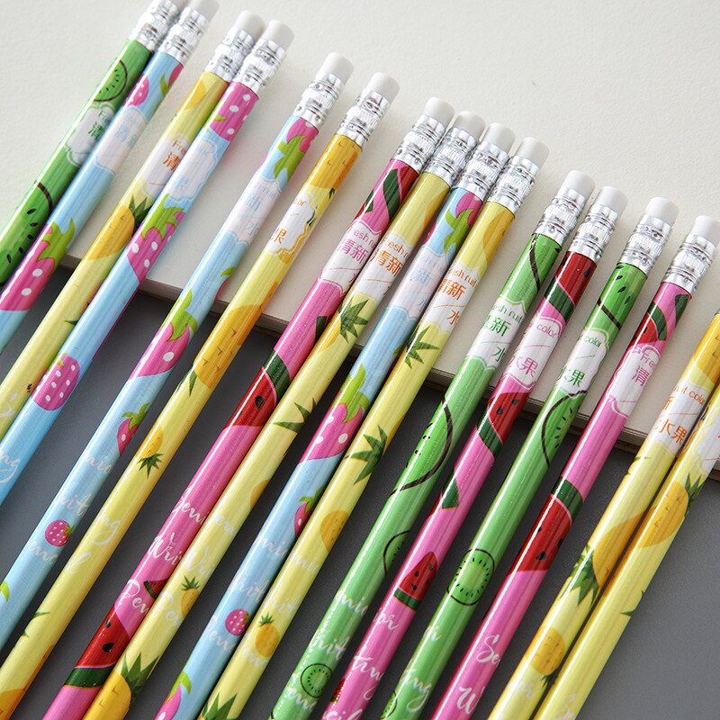 Lote de 12 lápices con goma de lana HB creativos para niños, dibujos animados, de frutas, Kawaii, papelería, suministros escolares