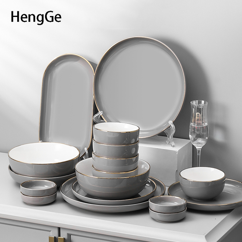 Light Luxury Ceramic Plate Smoke Gray Golden Rim Dinner Plates Dessert Dish Soup Bowl Dinning Room Western Tableware Set