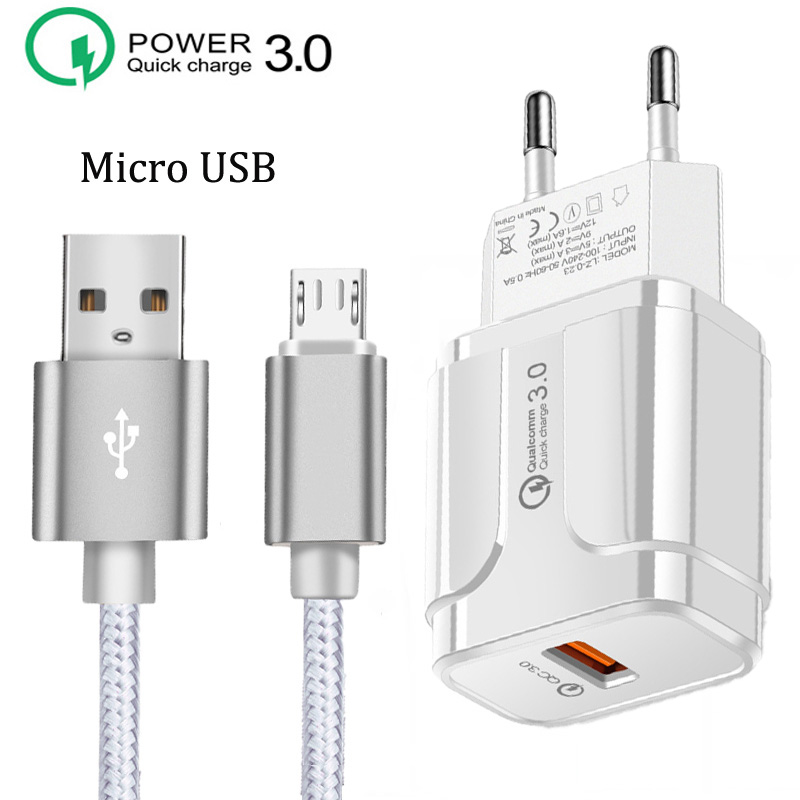18W QC 3.0 szybkie ładowanie ue podłącz ładowarka podróżna Micro USB pleciony kabel do Samsung A10 S7 S6 krawędzi J3 J5 J7 J4 J6 + 2017 przewód danych