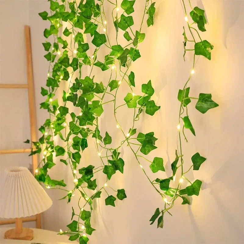 Guirnalda de luces de hojas verdes, hiedra Artificial, vid, guirnalda de luces de hadas, decoración para de boda, planta colgante de pared de habitación para el hogar y Navidad