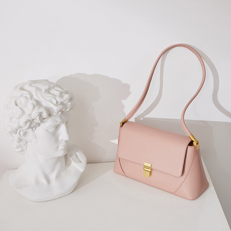 And Simple Solid Color Cowhide Bag Armpit Retro Minority Dharma Stick Women's Bag Portable Shoulder Bag: pink