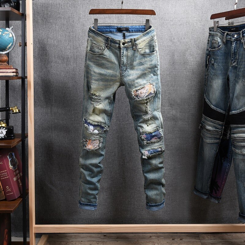 High Street Amiri Elastische Slim Fit Kleine Been Jeans Modieuze Mannen Gedragen Zware Schade Patch Beggars' Broek