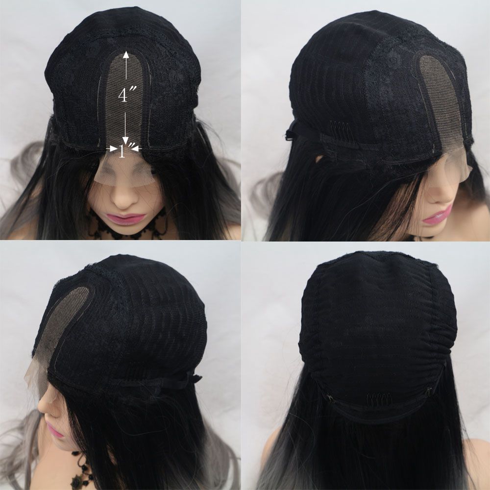 Nicole-Peluca de pelo liso degradado de dos tonos, pelo largo y sedoso de encaje sintético en U, resistente al calor, color negro y gris