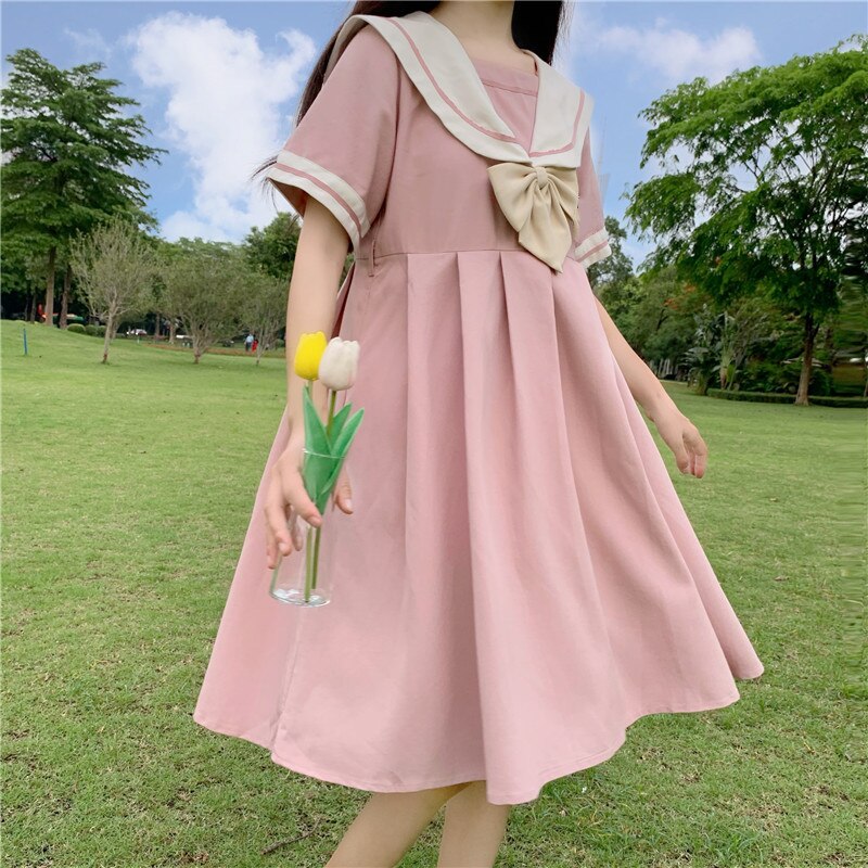 Lolita klänning college stil hög midja marin krage cospaly dam kawaii mellanlång kortärmad klänning: Rosa