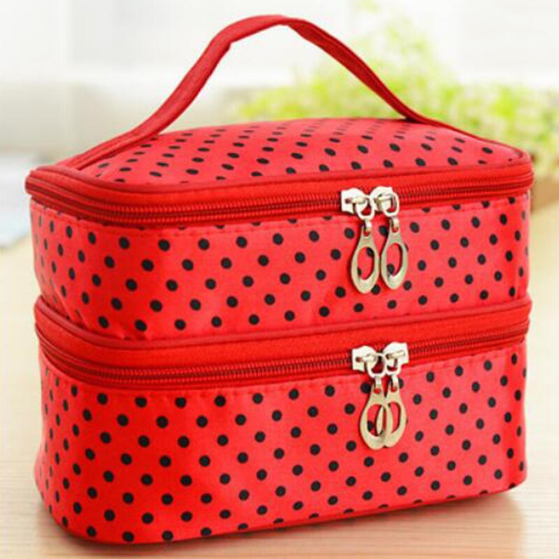 Double Layer Makeup Bag Portable Zipper Women Cosmetic Bag Beauty Case Handbag Multifunction Dot Print Toiletries Bag: Red