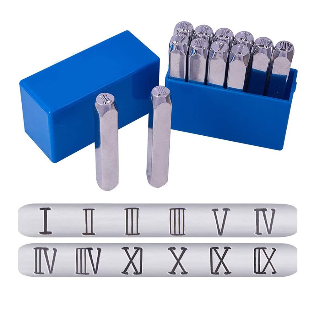 Roman Numerals Metal Stamp Set Iron Uppercase Stamps Punch Press Tool for Imprinting on Jewelry Leather Wood Stamping 12pcs: Roman numerals 3mm