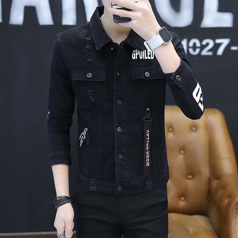 Veste d'automne pour homme, vêtement de rue bleu clair, en Denim, avec impression de l'alphabet, poches en Patchwork, en coton, manteaux décontractés: Black / M