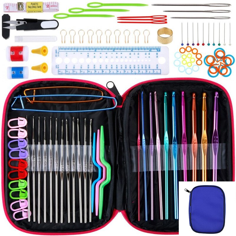 Premium Crochet Hooks Set With Case 35 Styles Knitting Needles Set DIY Needle Arts Craft Scissors Stitch Markers Sewing Tools: CK043 Blue